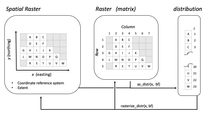 BirdFlow distribution data structure: the raster mask selects active cells, which are stored as a flat vector (one distribution) or matrix (multiple distributions). Cells in gray are outside of the mask and not used by BirdFlow models.